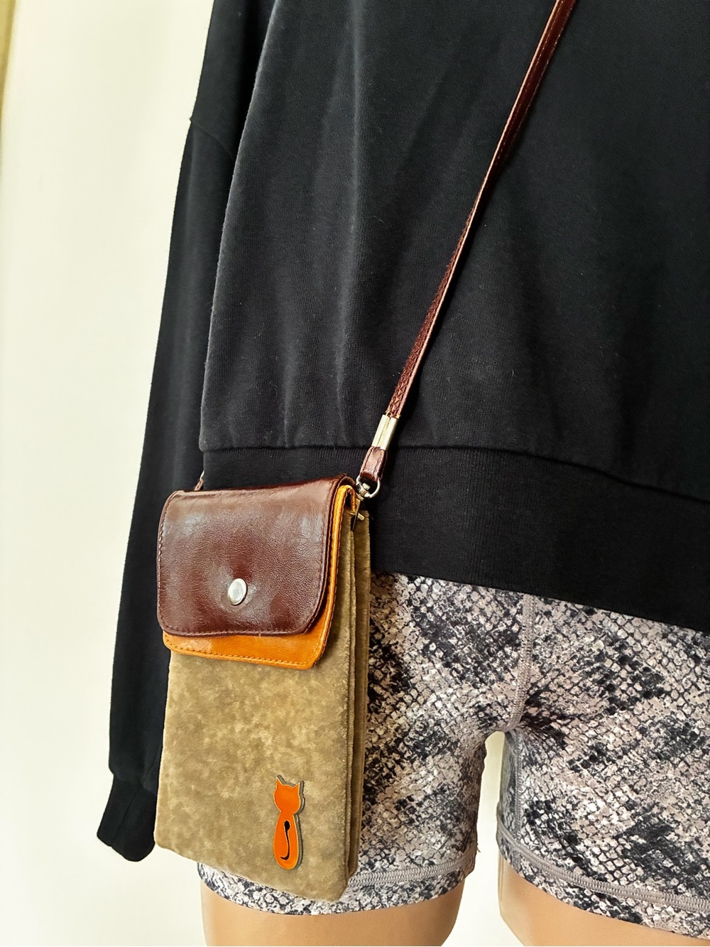 Mini Brown Suede & Leather Crossbody Phone bag Orange Cat charm accent